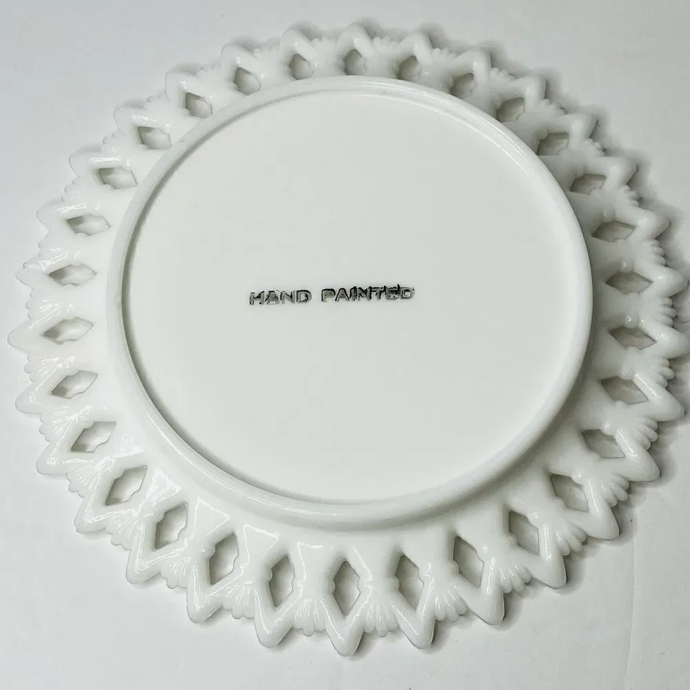 Vintage Milk Glass Plate Open Lace Edge Hand Painted ROSES 6 Inch Diameter - Picture 4 of 4